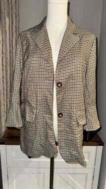 Kohls Fashion Womens Blazer M Brown Black Houndstooth Plaid Long Jacket NWT